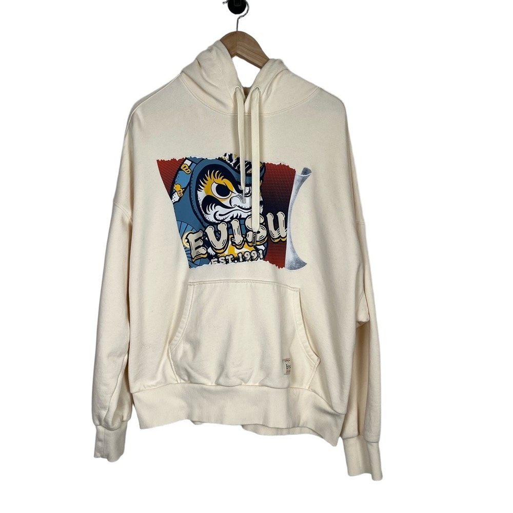 EVISU Pullover Hoodie Medium‎ Cream Graphic Skater Collectible Streetwear Y2K